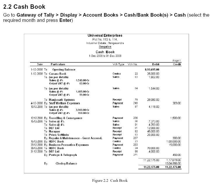 Cash Book Report @ Tally.ERP 9